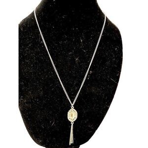 Silver-Toned Long Rhinestone Tassel Pendant Necklace